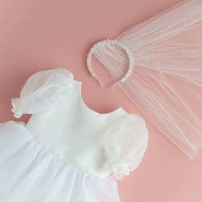 White Organza Flower Girl Dress with Bow: First Communion, Party Dress