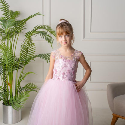Blush Pink 3D Flower Girl Dress: Tulle & Lace Princess Gown