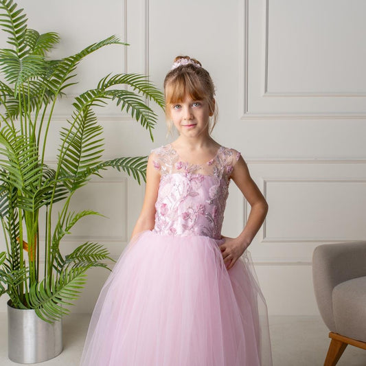 Blush Pink 3D Flower Girl Dress: Tulle & Lace Princess Gown