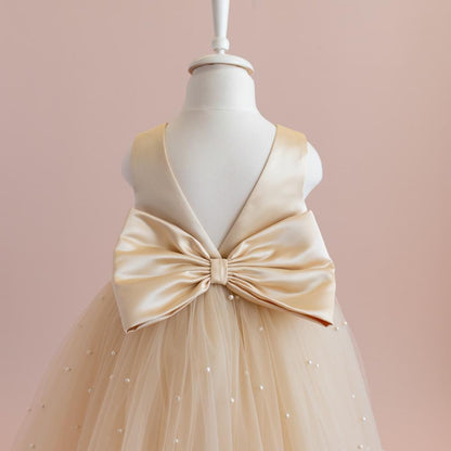 Champagne Pearl Tulle Flower Girl Dress: Elegant Satin Bow Gown