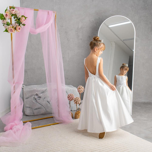White Satin Flower Girl Dress: Tulle Cape, Lace Appliqués & Handbag