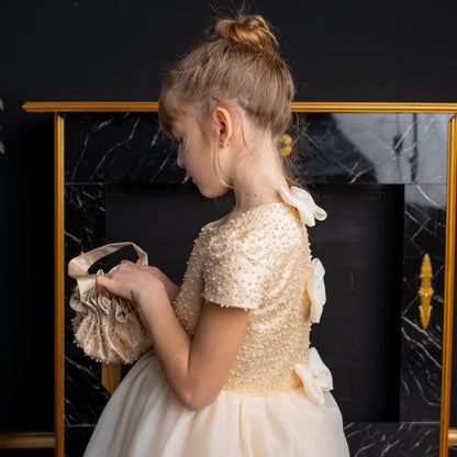 Elegant Champagne Floor-Length Flower Girl Dress with Pearls,Bows