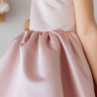 Blush Pink Satin Flower Girl Dress: One-Shoulder Tulle Bow
