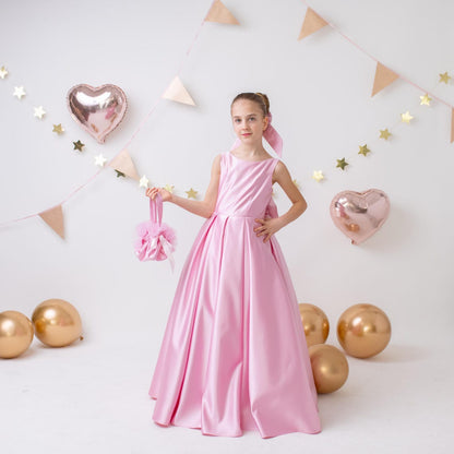Pink Satin Flower Girl Dress Wedding Gown with Bow Tulle Bridesmaid Communion Formal