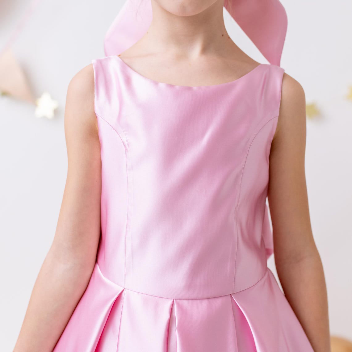 Pink Satin Flower Girl Dress Wedding Gown with Bow Tulle Bridesmaid Communion Formal