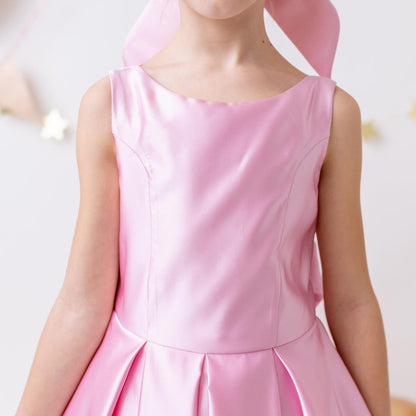 Pink Satin Flower Girl Dress Wedding Gown with Bow Tulle Bridesmaid Communion Formal
