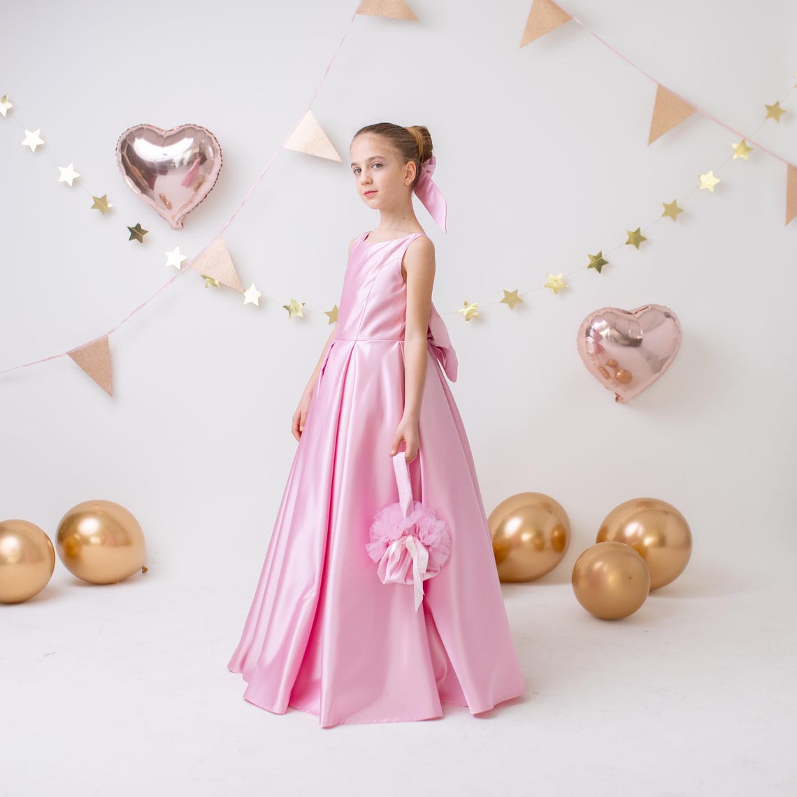 Pink Satin Flower Girl Dress Wedding Gown with Bow Tulle Bridesmaid Communion Formal