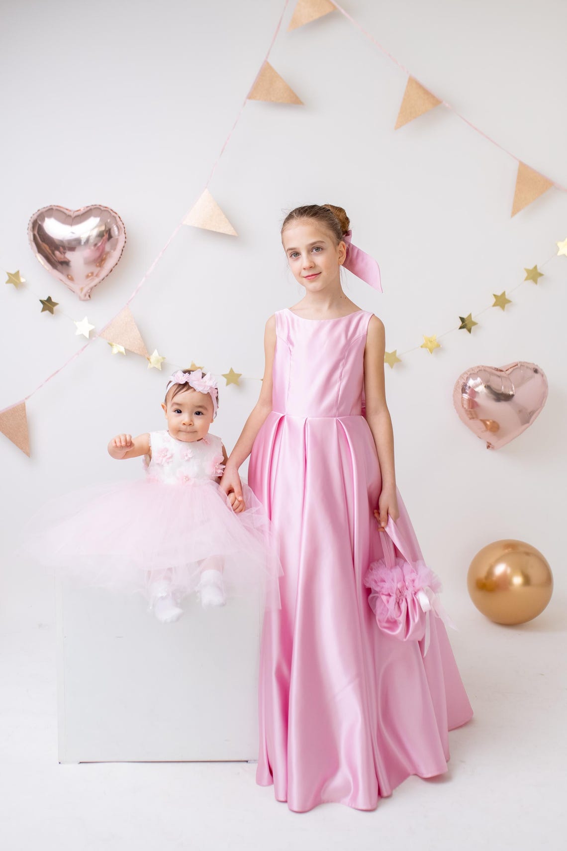 Pink Satin Flower Girl Dress Wedding Gown with Bow Tulle Bridesmaid Communion Formal