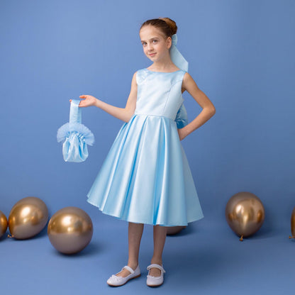 Baby Blue Satin Flower Girl Dress: V-Back Wedding Gown with Bow