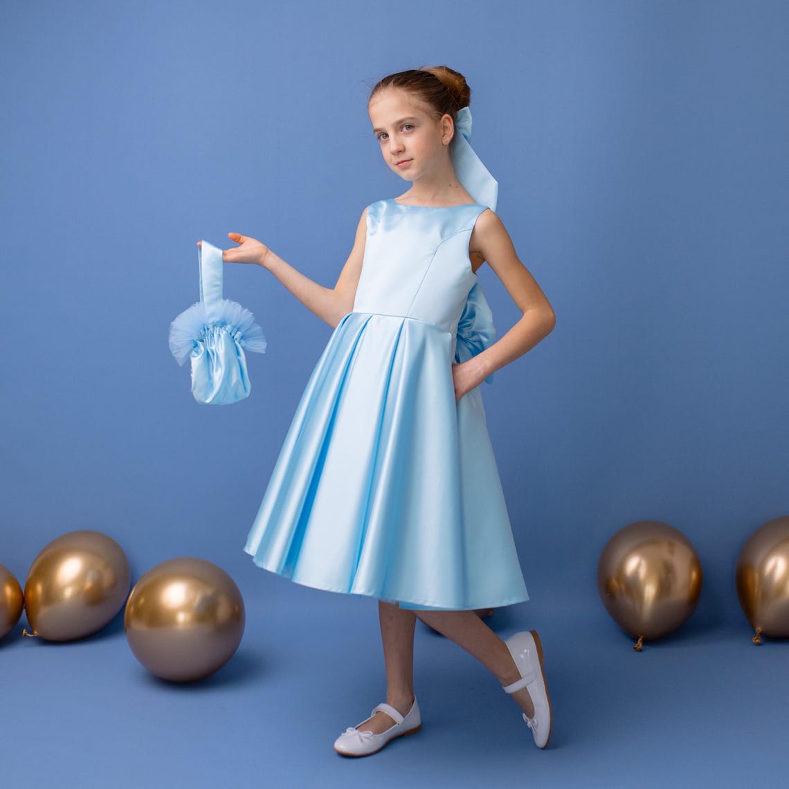 Baby Blue Satin Flower Girl Dress: V-Back Wedding Gown with Bow