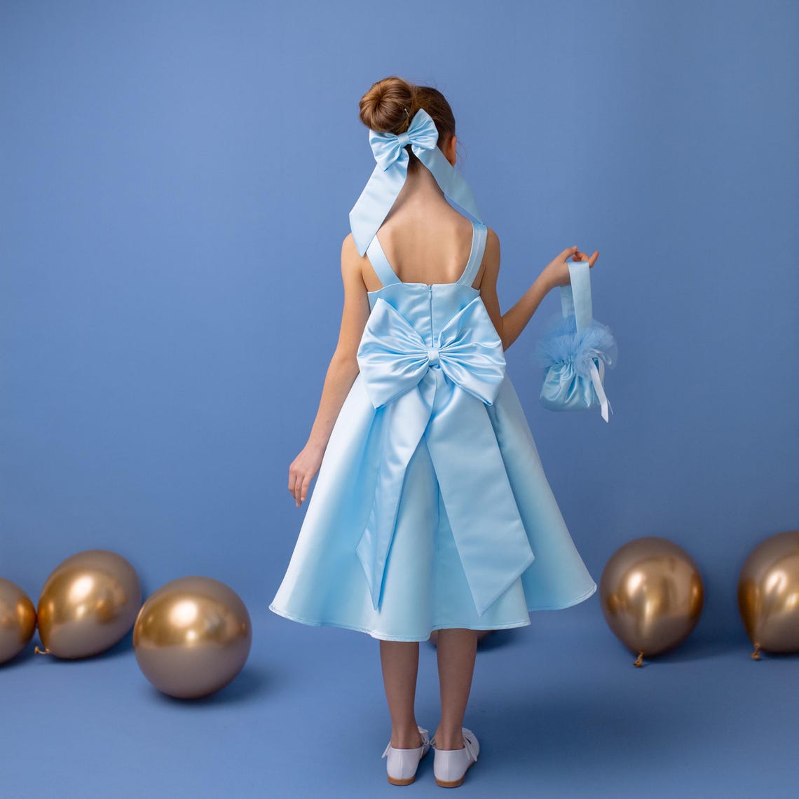 Baby Blue Satin Flower Girl Dress: V-Back Wedding Gown with Bow