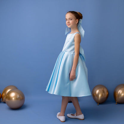 Baby Blue Satin Flower Girl Dress: V-Back Wedding Gown with Bow