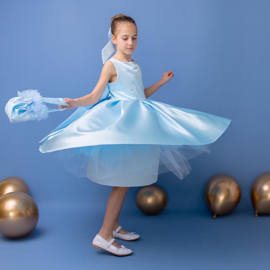 Baby Blue Satin Flower Girl Dress: V-Back Wedding Gown with Bow