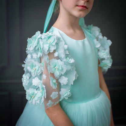 Mint Green Satin Flower Girl Dress with Flower Hairbow - Personalized Wedding Gown for Girls