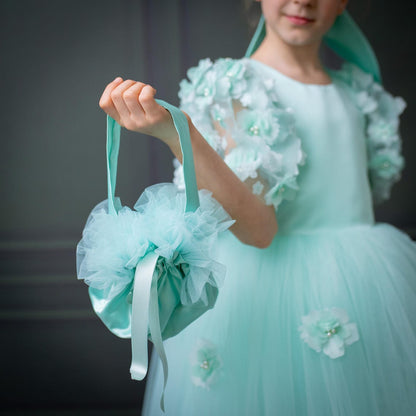 Mint Green Satin Flower Girl Dress with Flower Hairbow - Personalized Wedding Gown for Girls