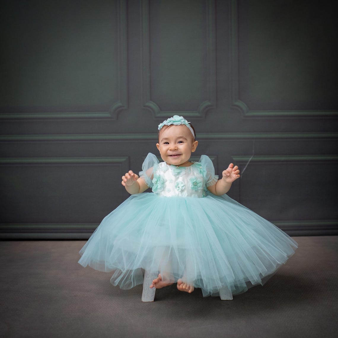 Mint Green Satin Flower Girl Dress with Flower Hairbow - Personalized Wedding Gown for Girls