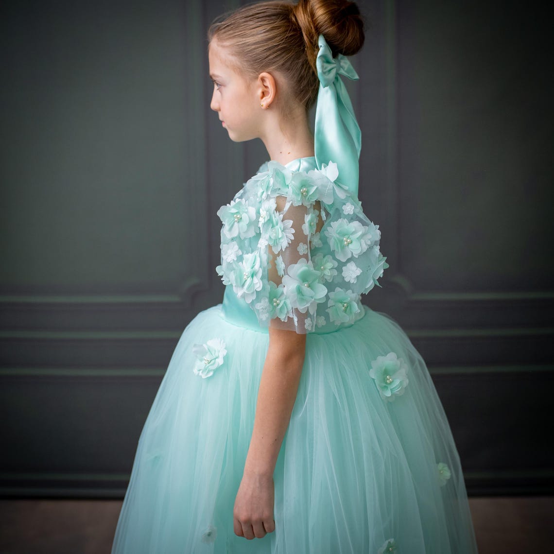 Mint Green Satin Flower Girl Dress with Flower Hairbow - Personalized Wedding Gown for Girls