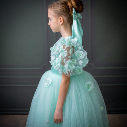 Mint Green Satin Flower Girl Dress with Flower Hairbow - Personalized Wedding Gown for Girls