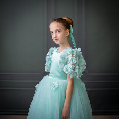 Mint Green Satin Flower Girl Dress with Flower Hairbow - Personalized Wedding Gown for Girls