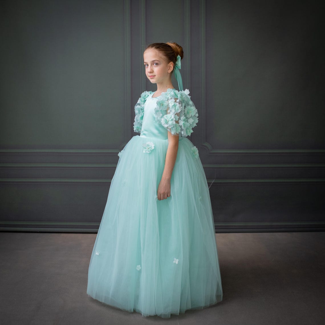 Mint Green Satin Flower Girl Dress with Flower Hairbow - Personalized Wedding Gown for Girls