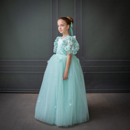 Mint Green Satin Flower Girl Dress with Flower Hairbow - Personalized Wedding Gown for Girls