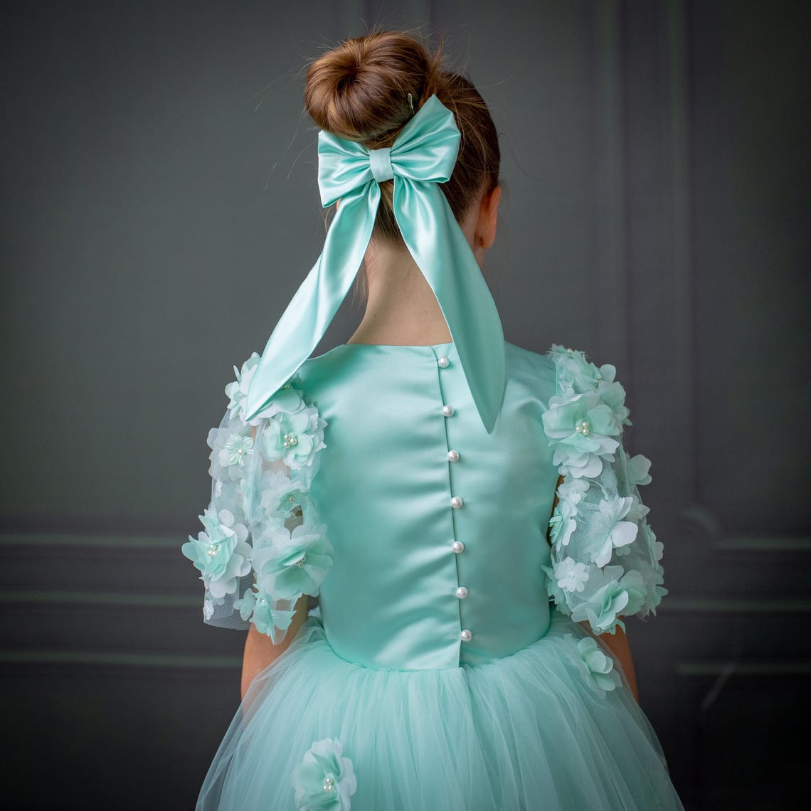 Mint Green Satin Flower Girl Dress with Flower Hairbow - Personalized Wedding Gown for Girls