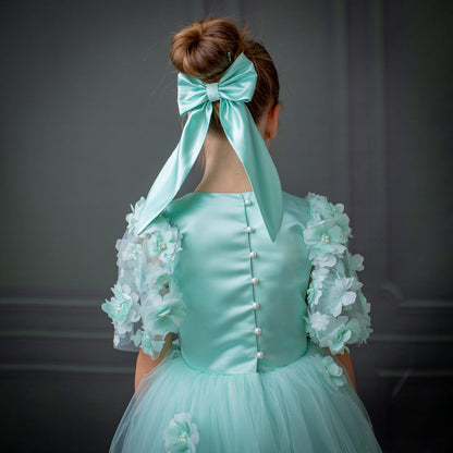 Mint Green Satin Flower Girl Dress with Flower Hairbow - Personalized Wedding Gown for Girls