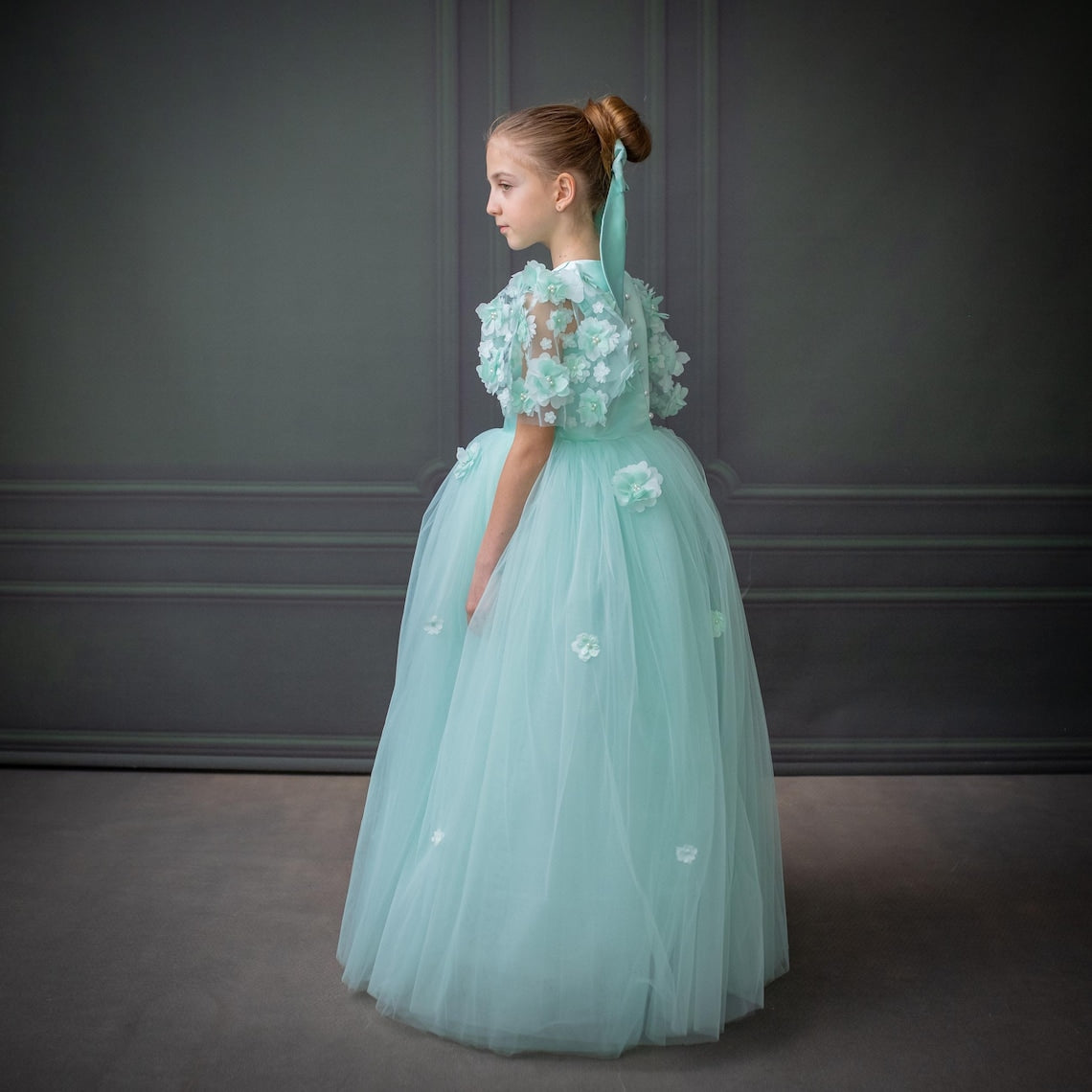 Mint Green Satin Flower Girl Dress with Flower Hairbow - Personalized Wedding Gown for Girls