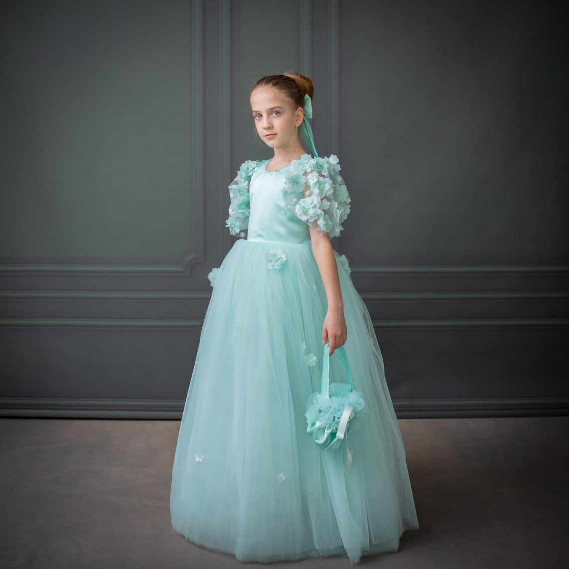 Mint Green Satin Flower Girl Dress with Flower Hairbow - Personalized Wedding Gown for Girls
