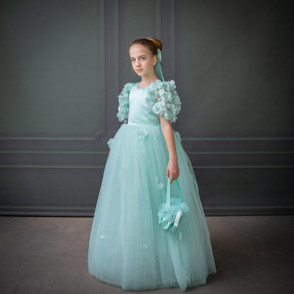 Mint Green Satin Flower Girl Dress with Flower Hairbow - Personalized Wedding Gown for Girls