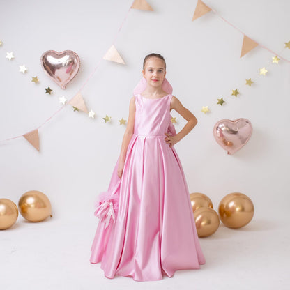 Pink Satin Flower Girl Dress Wedding Gown with Bow Tulle Bridesmaid Communion Formal