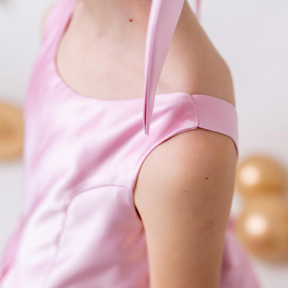 Pink Satin Flower Girl Dress Wedding Gown with Bow Tulle Bridesmaid Communion Formal