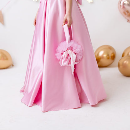 Pink Satin Flower Girl Dress Wedding Gown with Bow Tulle Bridesmaid Communion Formal