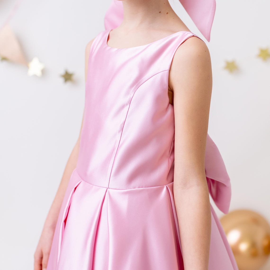 Pink Satin Flower Girl Dress Wedding Gown with Bow Tulle Bridesmaid Communion Formal