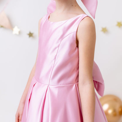 Pink Satin Flower Girl Dress Wedding Gown with Bow Tulle Bridesmaid Communion Formal