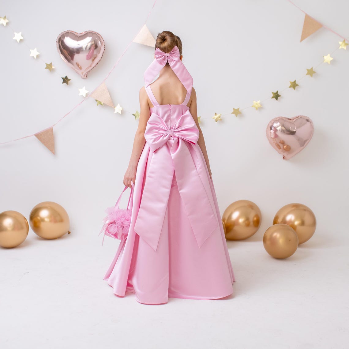 Pink Satin Flower Girl Dress Wedding Gown with Bow Tulle Bridesmaid Communion Formal