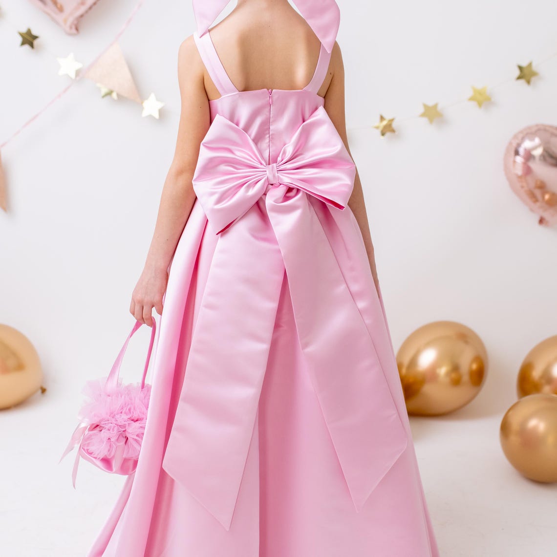 Pink Satin Flower Girl Dress Wedding Gown with Bow Tulle Bridesmaid Communion Formal