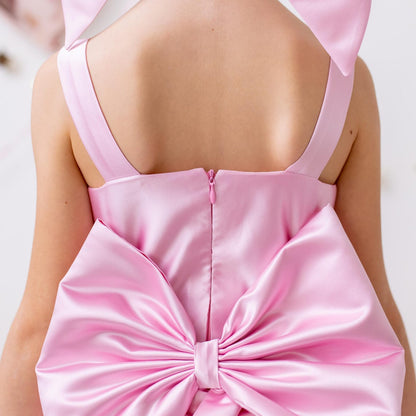 Pink Satin Flower Girl Dress Wedding Gown with Bow Tulle Bridesmaid Communion Formal