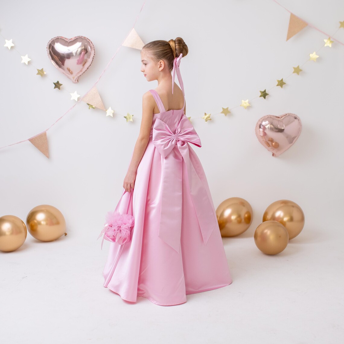Pink Satin Flower Girl Dress Wedding Gown with Bow Tulle Bridesmaid Communion Formal