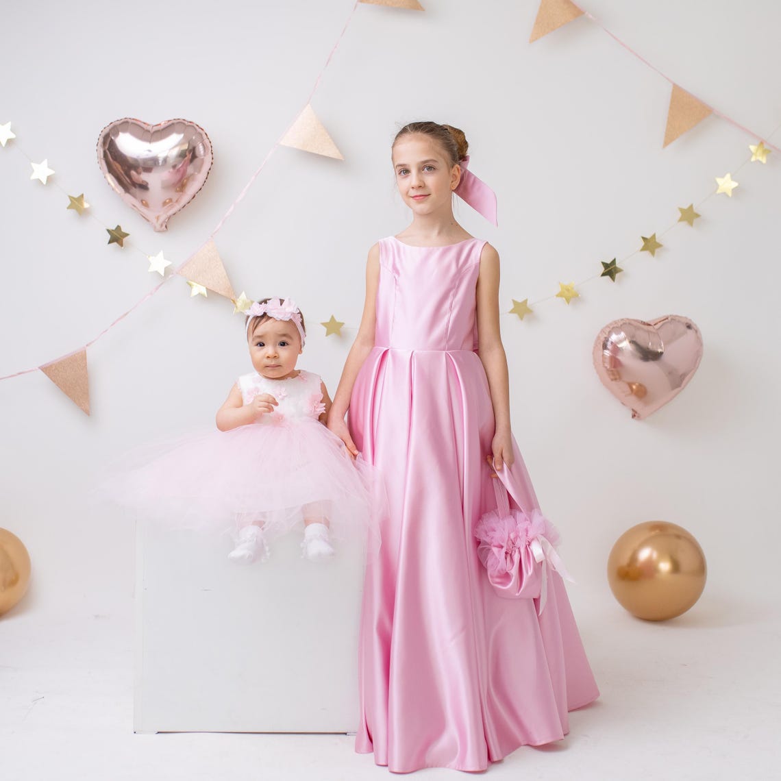 Pink Satin Flower Girl Dress Wedding Gown with Bow Tulle Bridesmaid Communion Formal