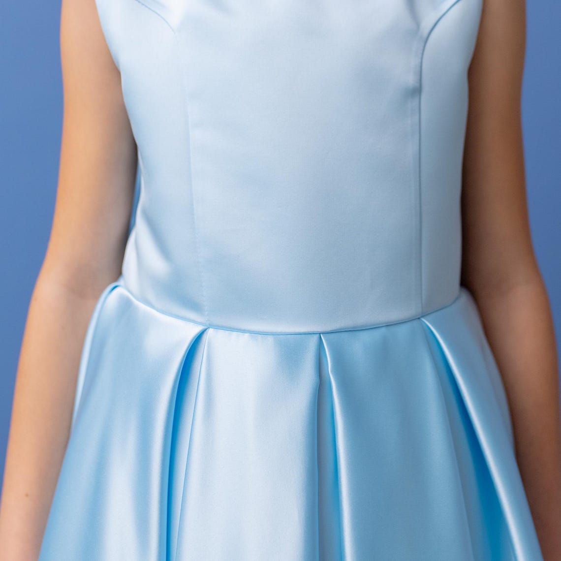 Baby Blue Satin Flower Girl Dress: V-Back Wedding Gown with Bow