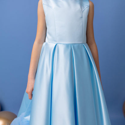 Baby Blue Satin Flower Girl Dress: V-Back Wedding Gown with Bow