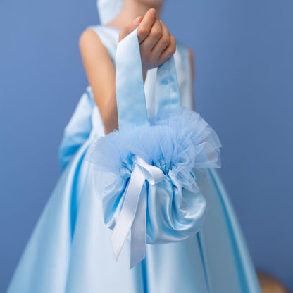 Baby Blue Satin Flower Girl Dress: V-Back Wedding Gown with Bow