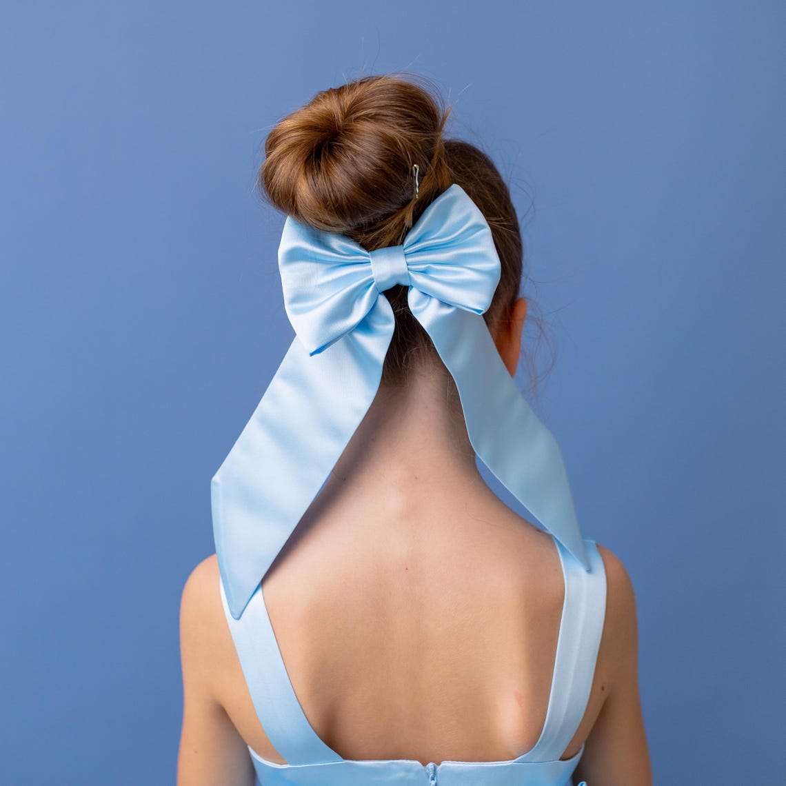 Baby Blue Satin Flower Girl Dress: V-Back Wedding Gown with Bow