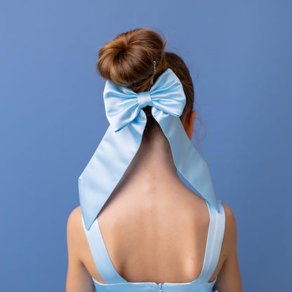 Baby Blue Satin Flower Girl Dress: V-Back Wedding Gown with Bow