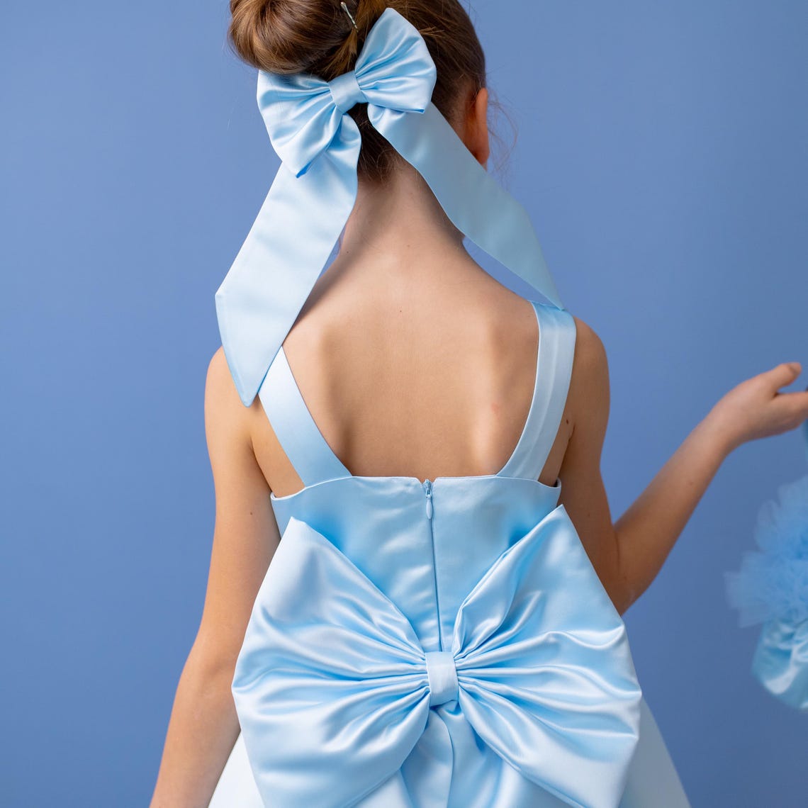 Baby Blue Satin Flower Girl Dress: V-Back Wedding Gown with Bow