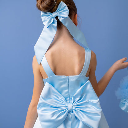 Baby Blue Satin Flower Girl Dress: V-Back Wedding Gown with Bow