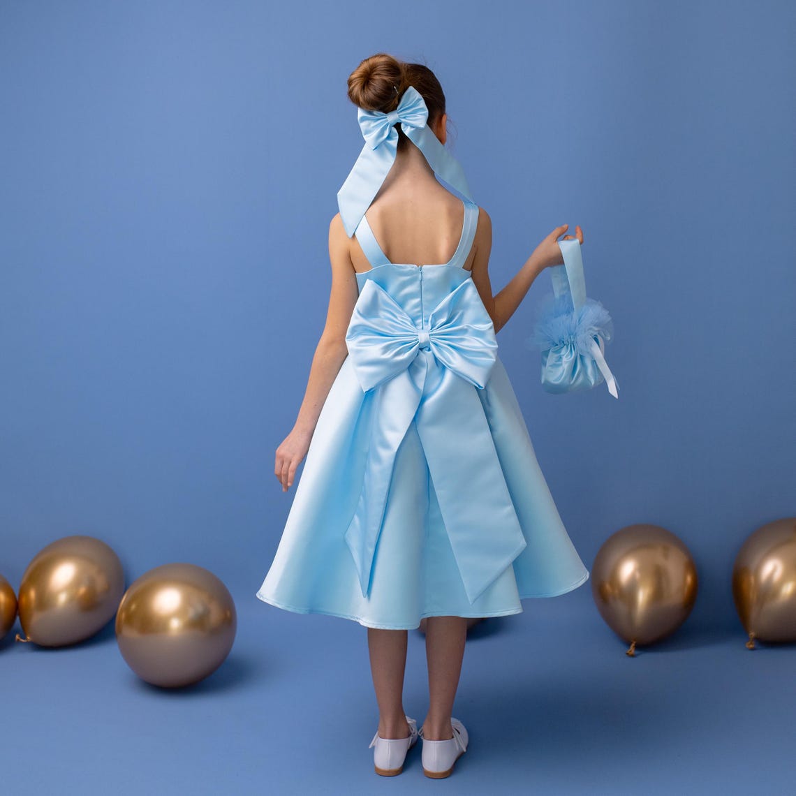 Baby Blue Satin Flower Girl Dress: V-Back Wedding Gown with Bow