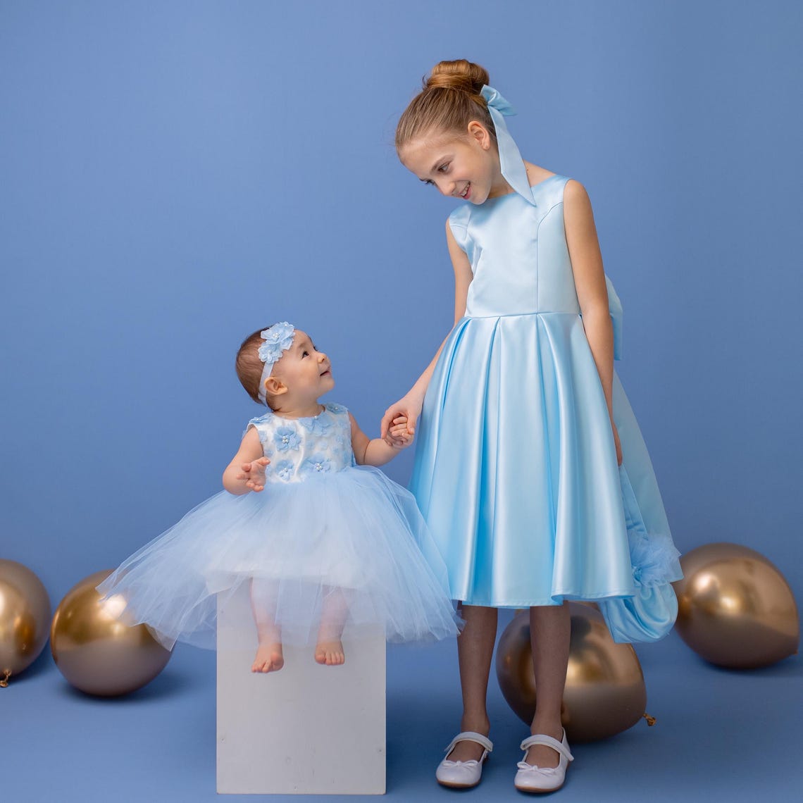 Baby Blue Satin Flower Girl Dress: V-Back Wedding Gown with Bow