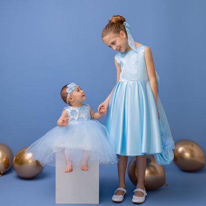 Baby Blue Satin Flower Girl Dress: V-Back Wedding Gown with Bow